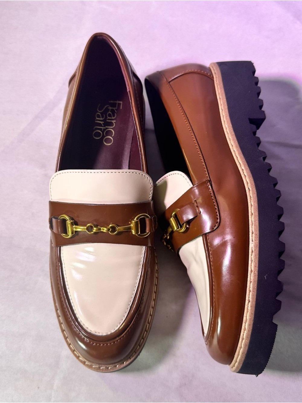 Franco Sarto Brown and Cream Leather Two-Tone Loafer with Gold Chain - Picture 6 of 9
